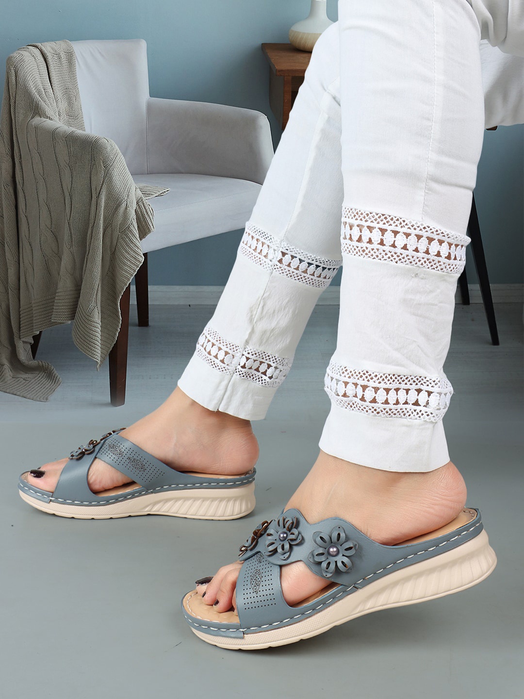 

XE Looks Perforated Embellished Doctor Ortho Lightweight Open Toe Flats, Grey