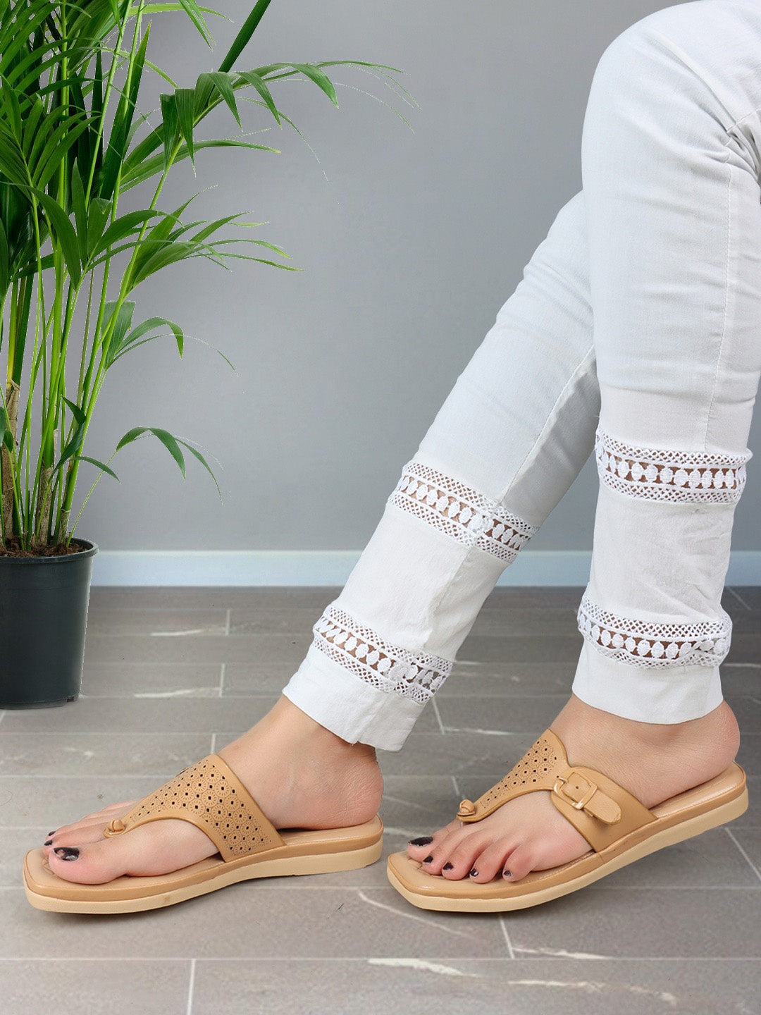 

XE Looks Laser Cut Embellished Open Toe Flats, Beige