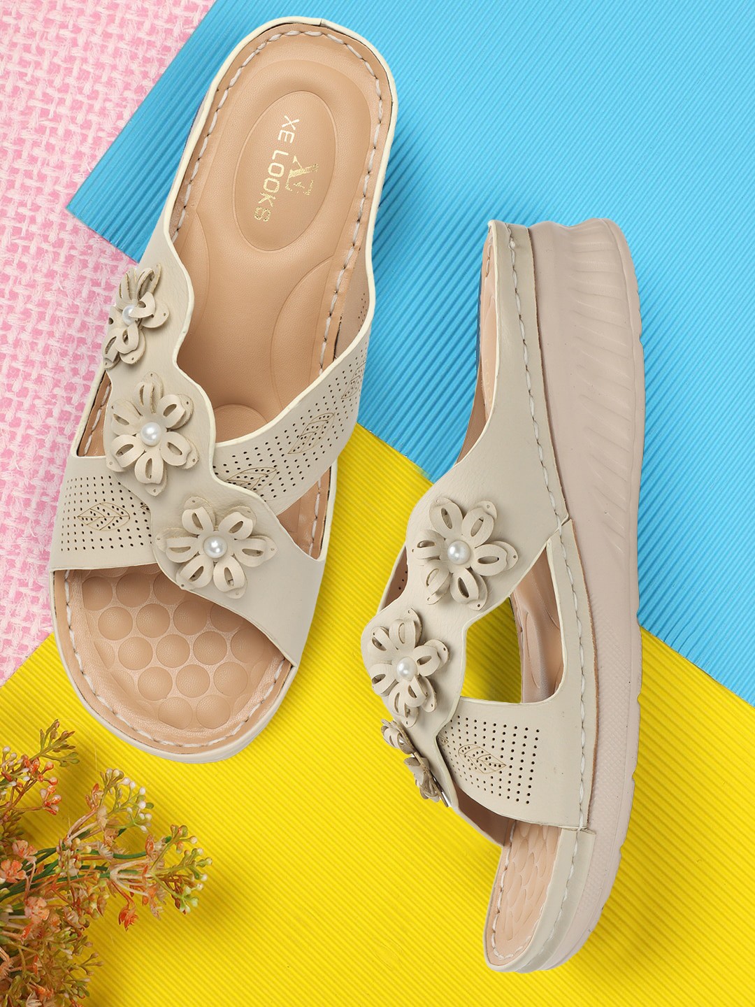 

XE Looks Perforated Embellished Doctor Ortho Lightweight Open Toe Flats, Cream