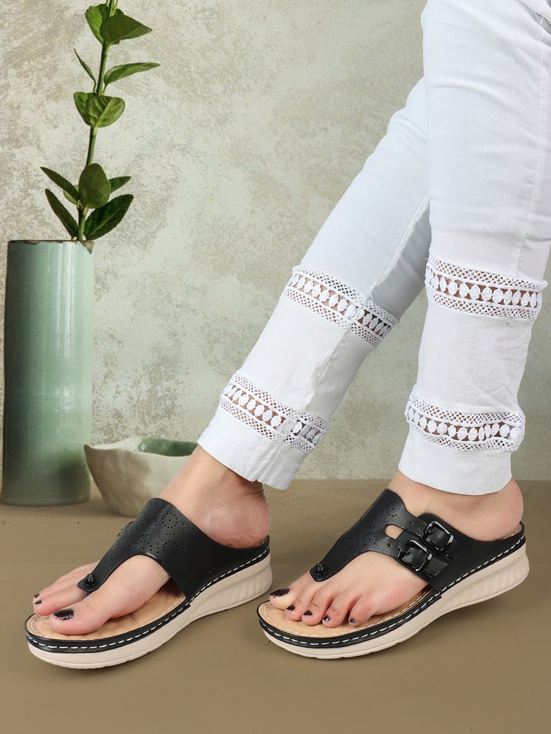 

XE Looks Perforated Doctor Ortho Open Toe Flats, Black