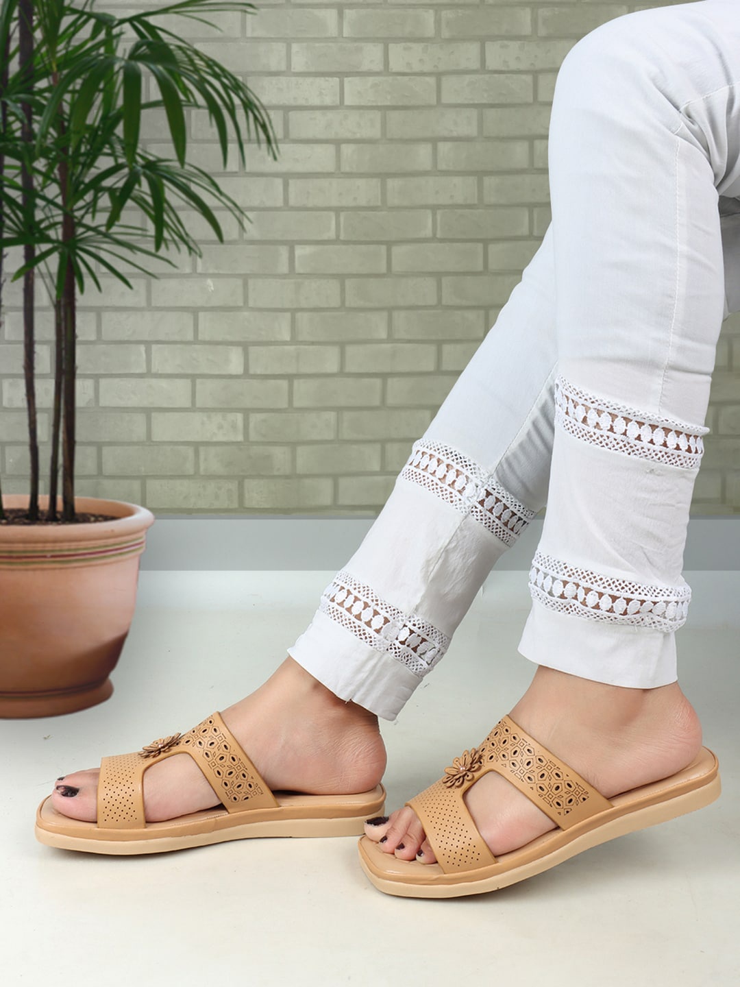 

XE Looks Laser Cut Embellished Lightweight Open Toe Flats, Beige