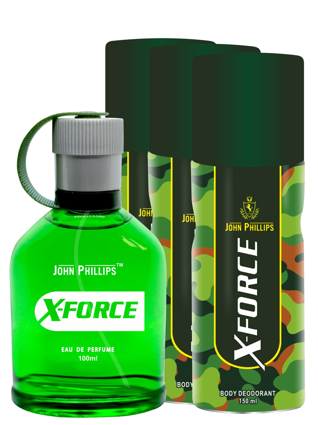 

JOHN PHILLIPS Men Set Of 3 Luxury X Force Body Deodorant 150ml, Green
