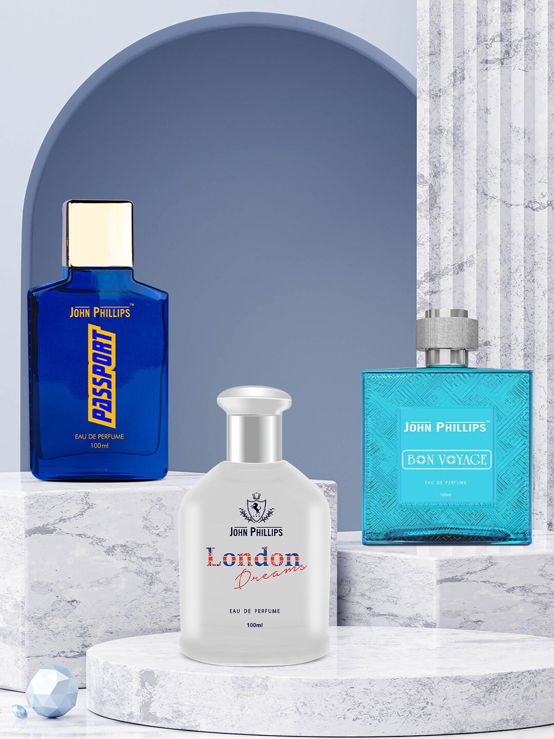 

JOHN PHILLIPS Luxury Set Of 3 Eau De Perfumes - Passport - Bon Voyage London Dream - 100 m, Blue