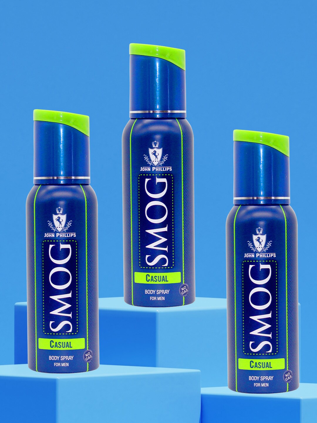 

JOHN PHILLIPS Set Of 3 Long Lasting NO GAS Smog Casual Deodorant - 120ml Each, Blue