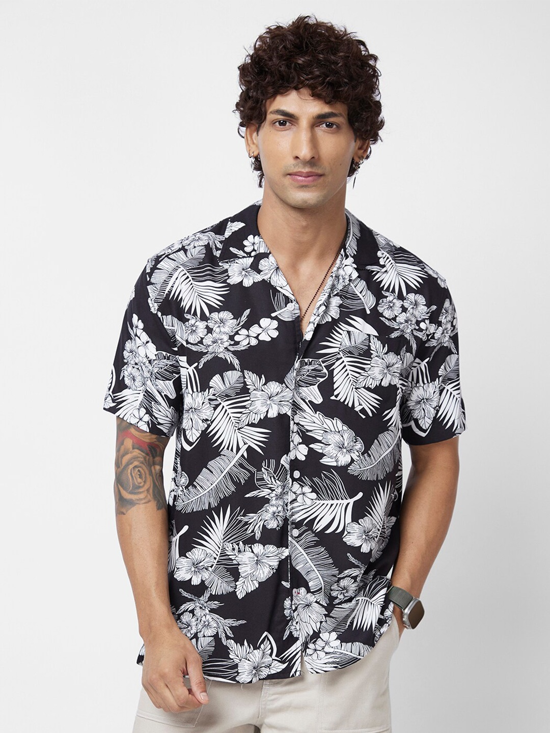 

VASTRADO Floral Printed Spread Collar Oversized Fit Casual Shirt, Black