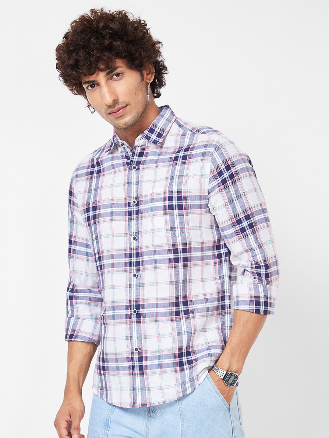 

VASTRADO Tartan Checked Spread Collar Regular Fit Cotton Casual Shirt, Blue