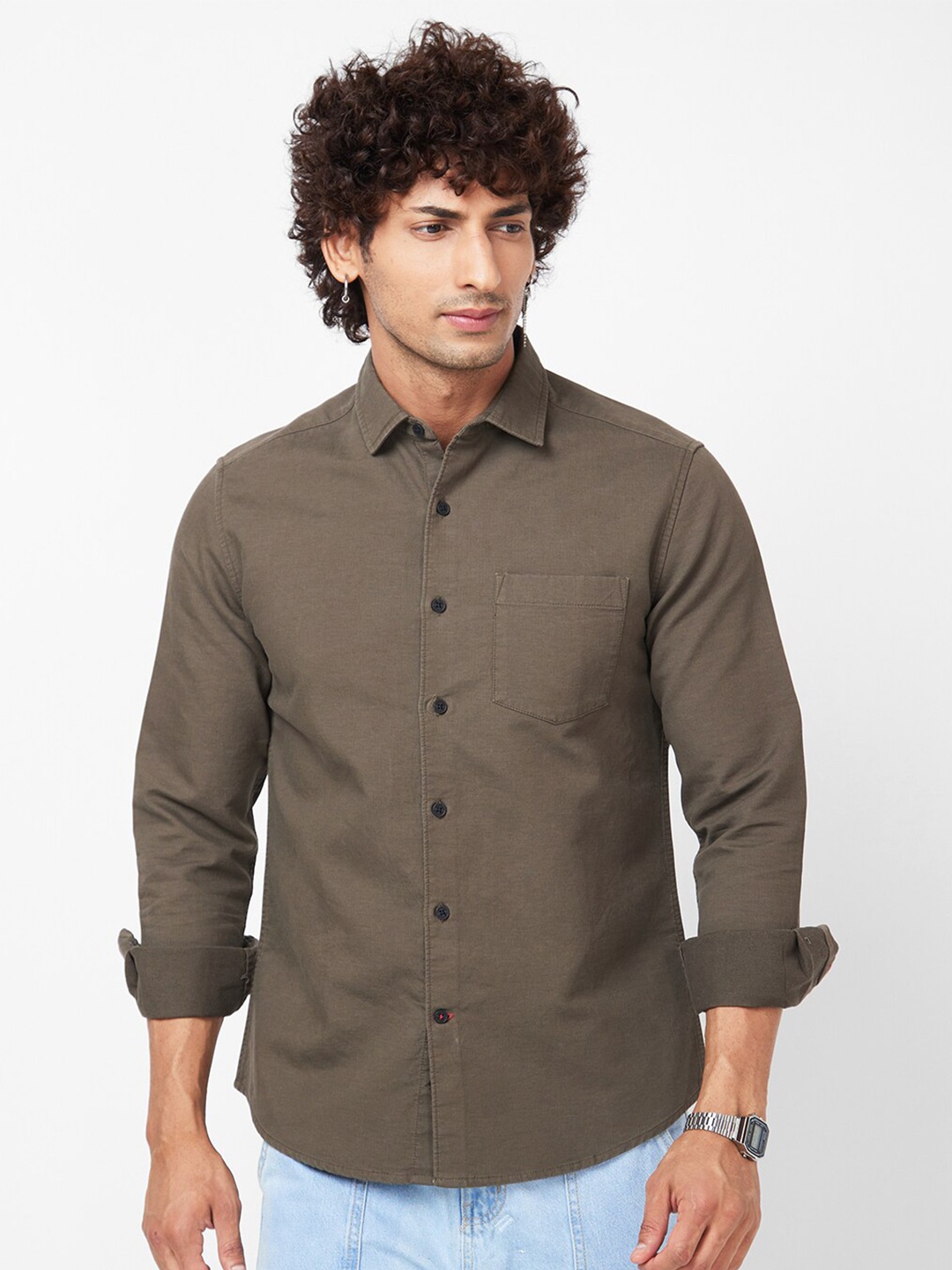 

VASTRADO Spread Collar Regular Fit Cotton Casual Shirt, Olive