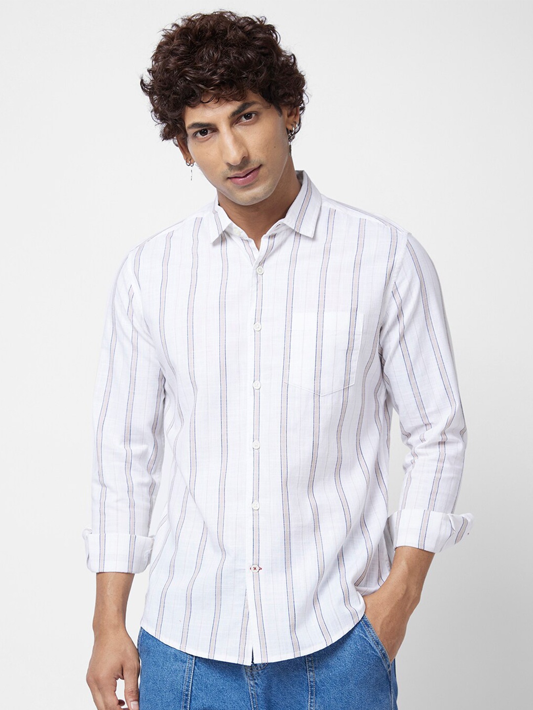 

VASTRADO Striped Printed Spread Collar Regular Fit Cotton Casual Shirt, White