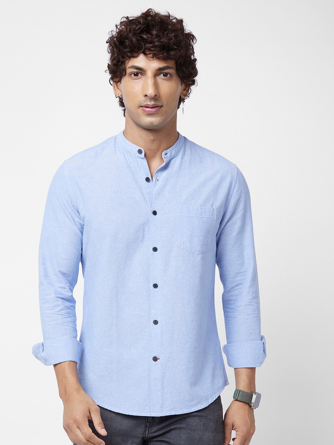 

VASTRADO Band Collar Regular Fit Cotton Casual Shirt, Blue