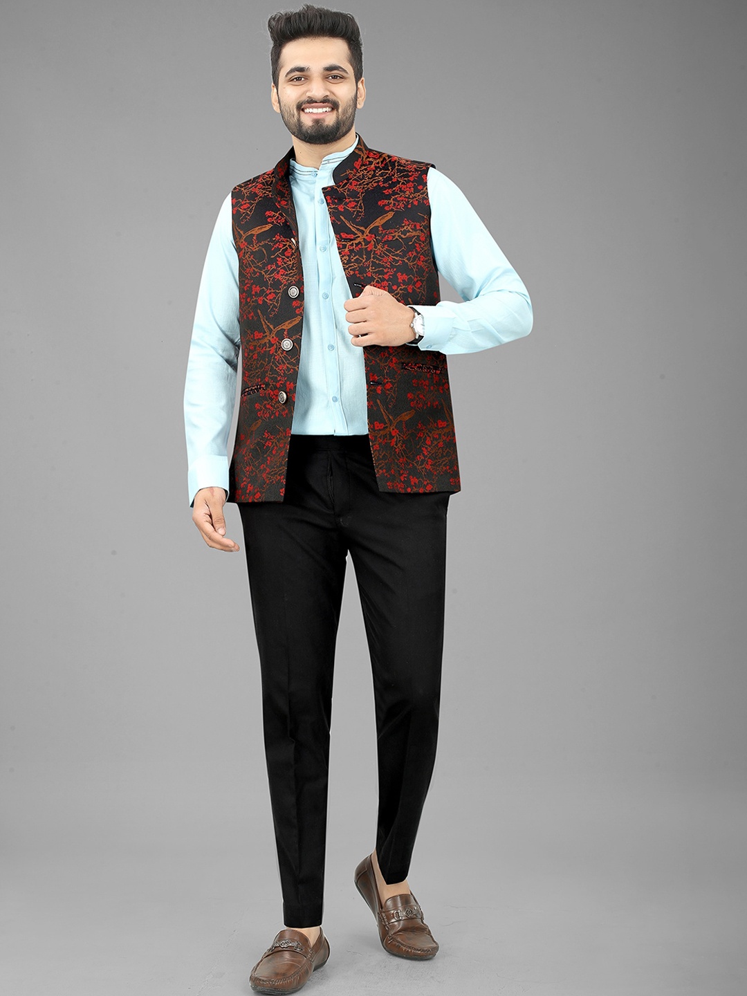 

N N ENTERPRISE Printed Woven Nehru Jacket, Maroon
