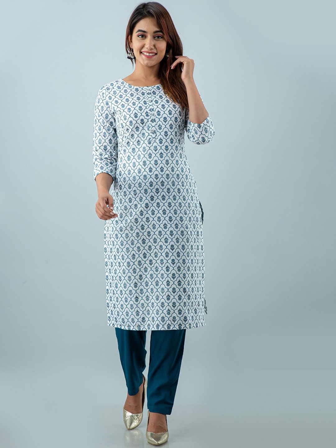 

SKY SHOPPIE Floral Printed Straight Cotton Kurta, White