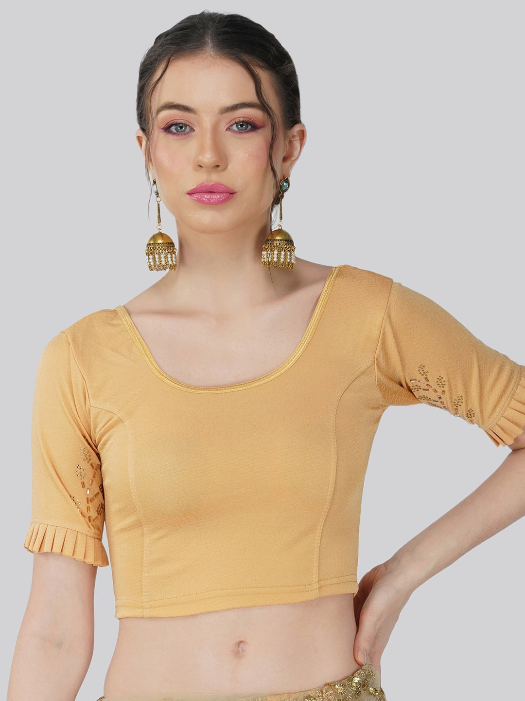 

Fressia Fabrics Round Neck Saree Blouse, Beige