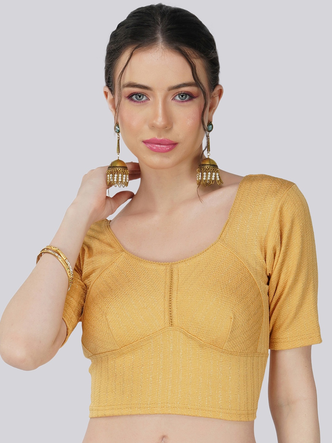 

Fressia Fabrics Round Neck Saree Blouse, Beige