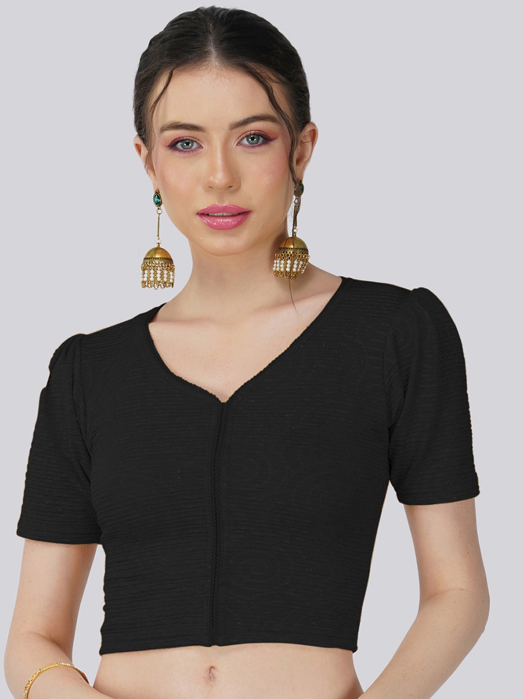 

Fressia Fabrics Self Design Saree Blouse, Black