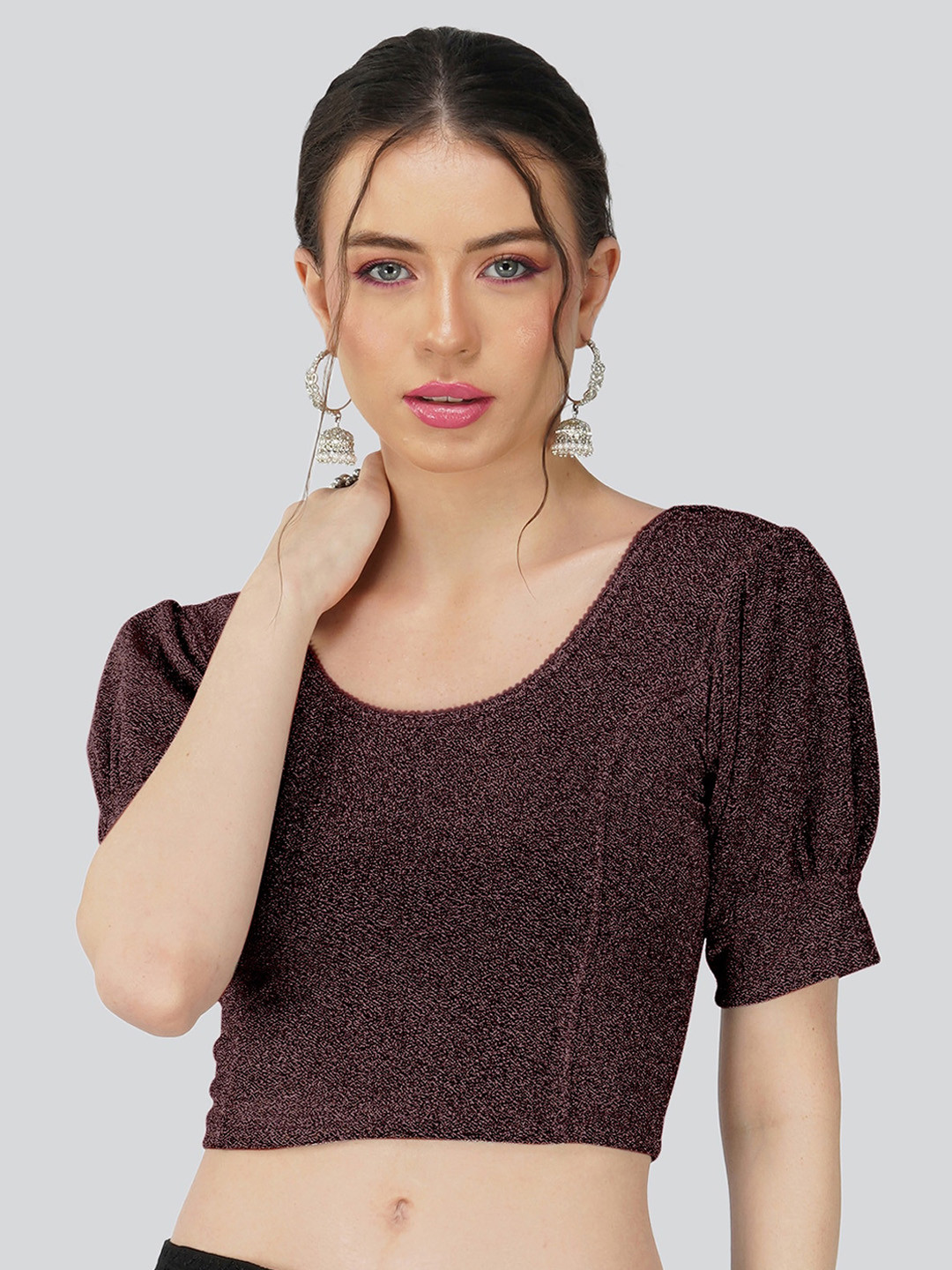 

Fressia Fabrics Self Design Round Neck Saree Blouse, Brown