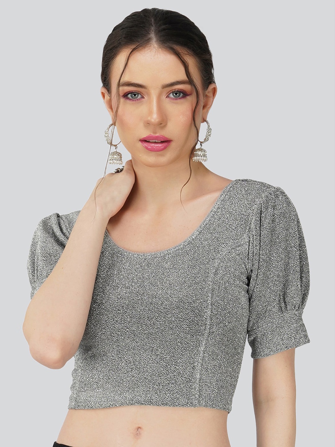 

Fressia Fabrics Round Neck Saree Blouse, Silver