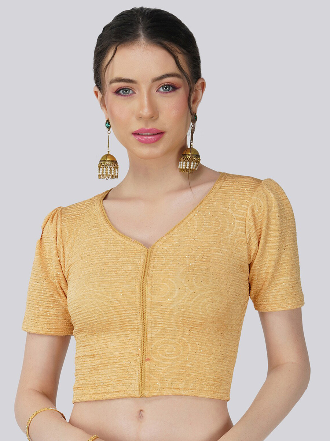 

Fressia Fabrics Embellished V-Neck Saree Blouse, Beige