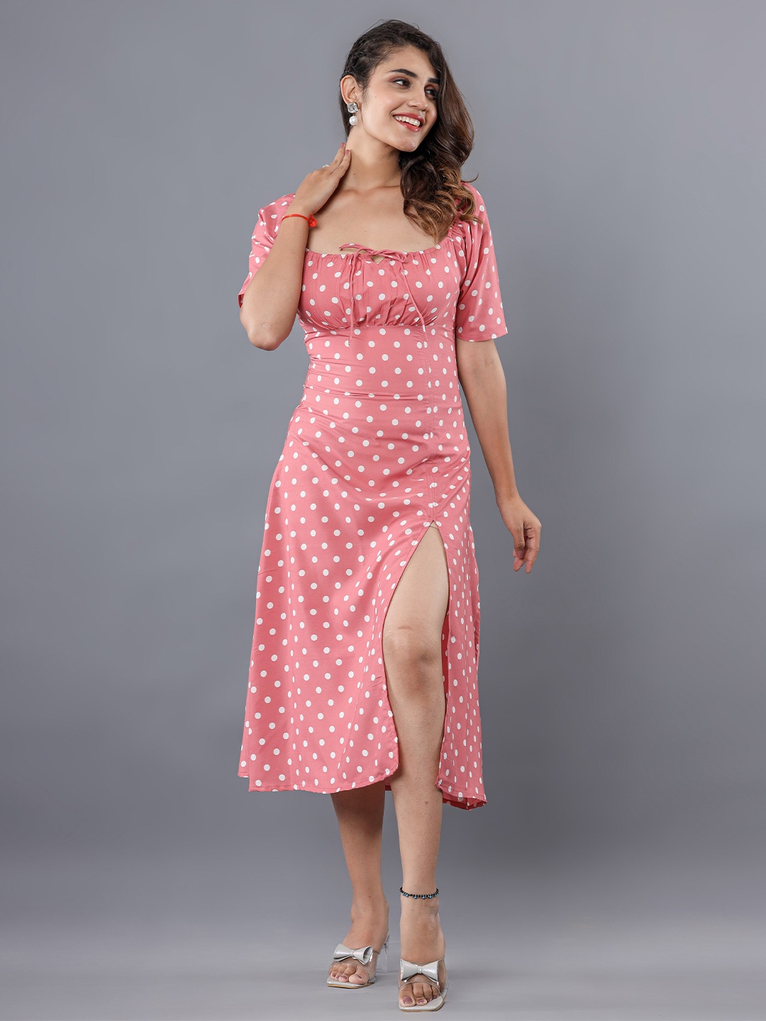 

Fab Star Polka Dots Print Square Neck A-Line Polyester Midi Dress, Pink