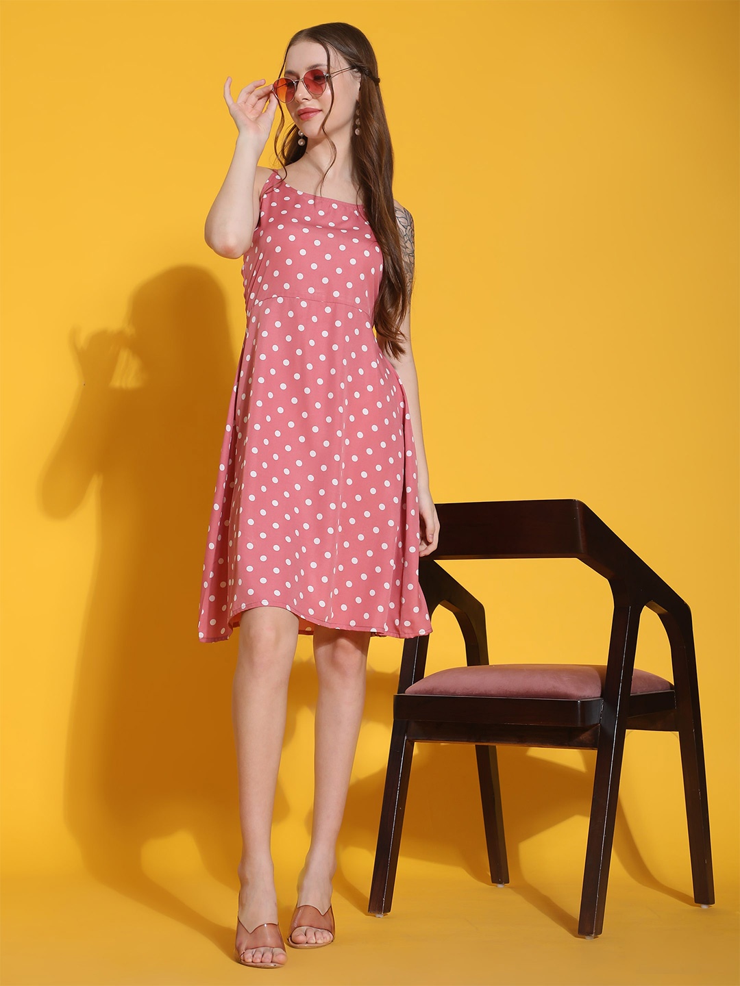 

Fab Star Polka Dot Print Fit & Flare Polyester Dress, Pink