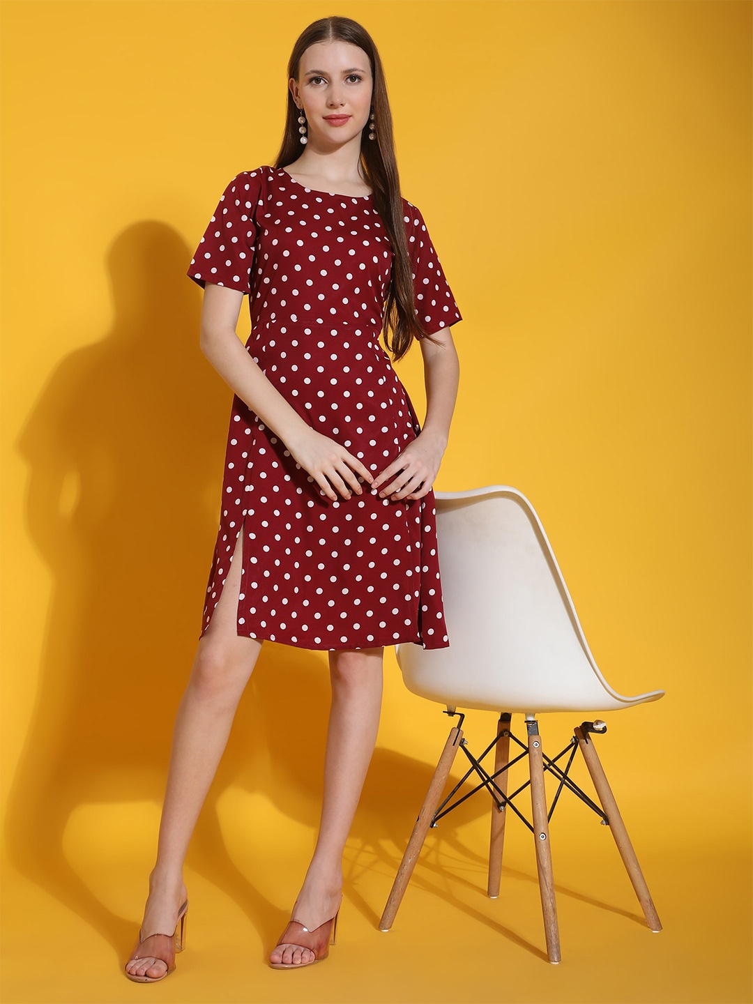 

Fab Star Polka Dot Print Round Neck Fit & Flare Polyester Dress, Maroon