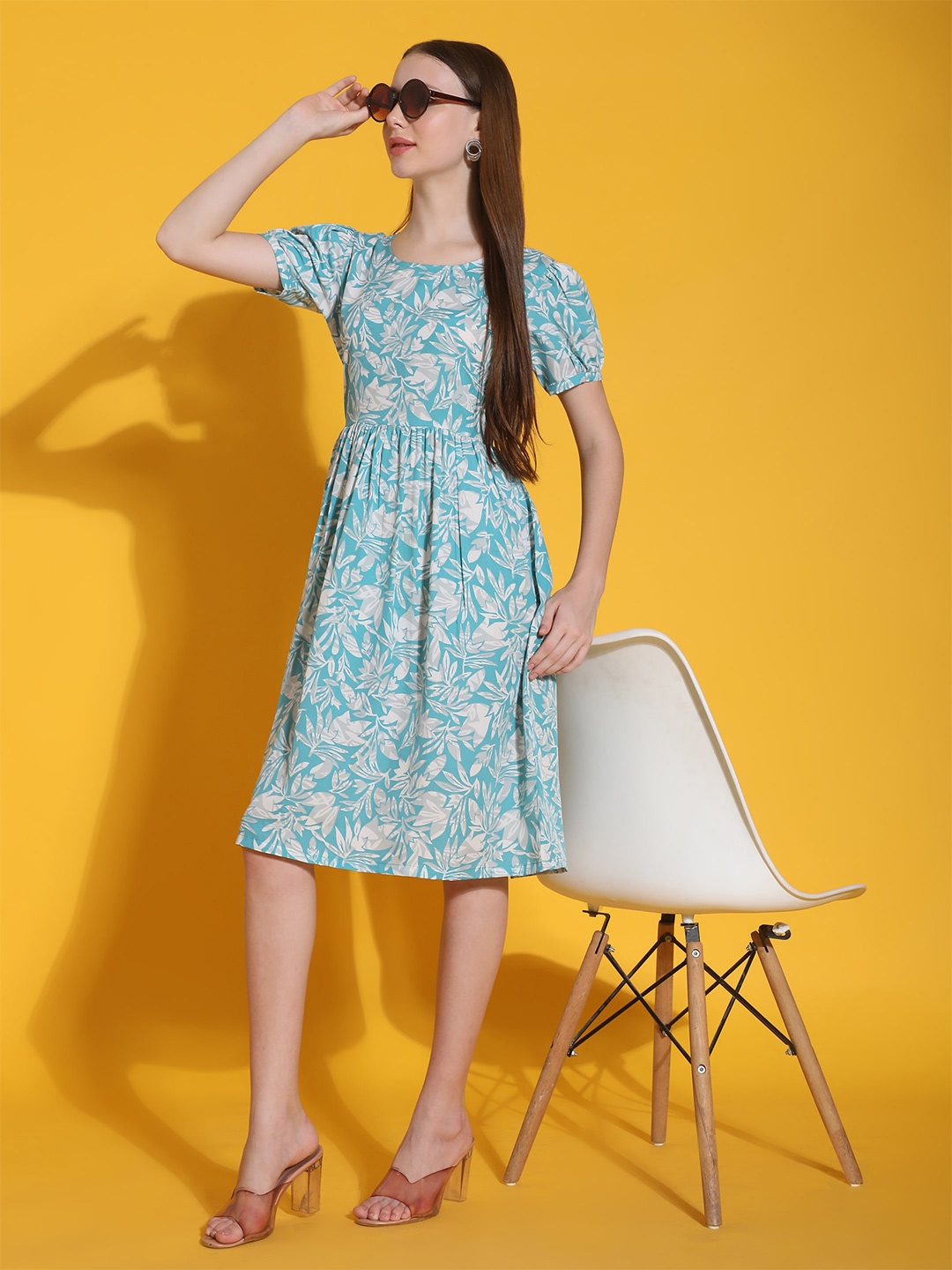 

Fab Star Floral Print Puff Sleeve Fit & Flare Pleated Dress, Blue
