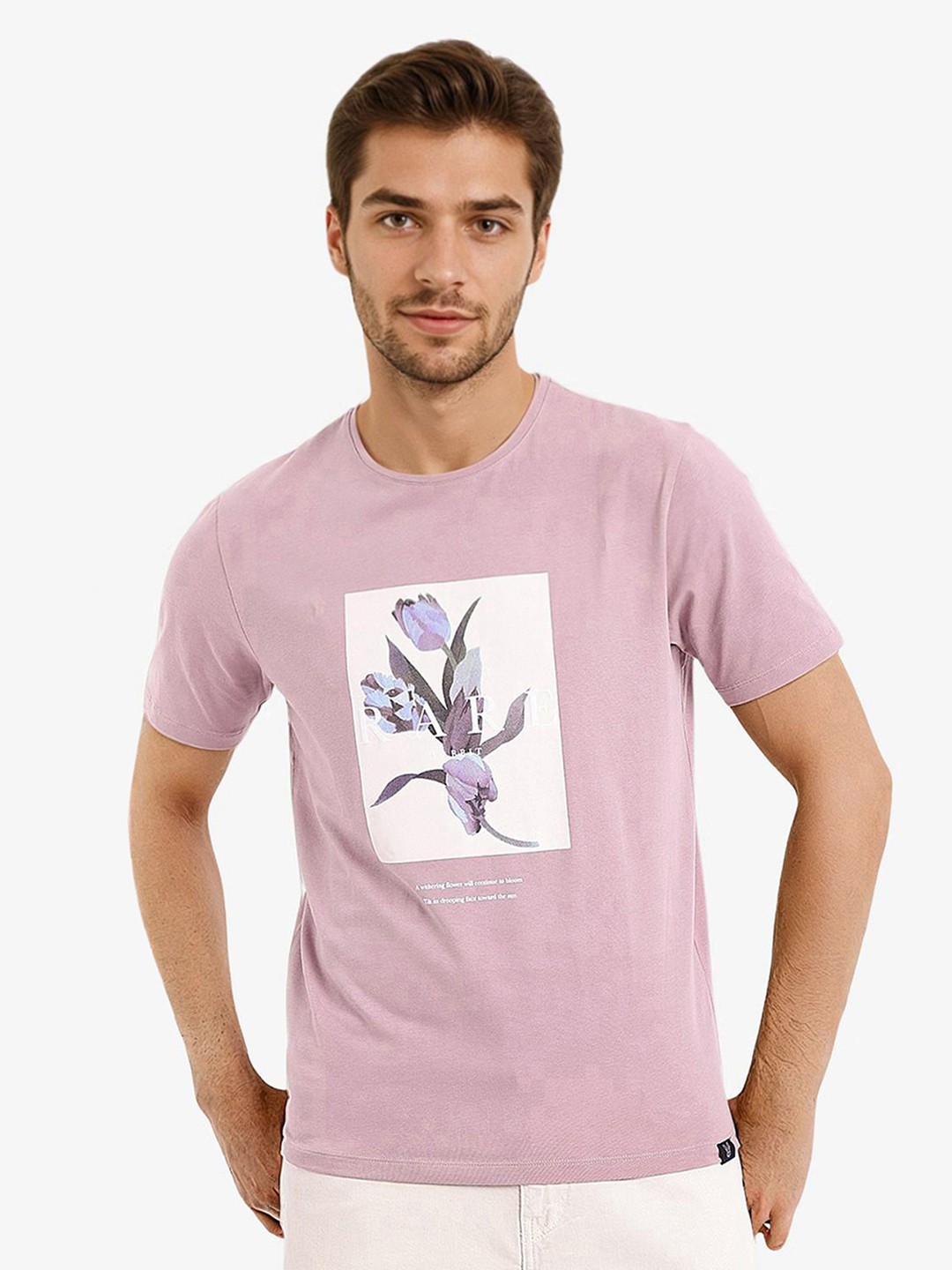 

RARE RABBIT Men Funes Round Neck Graphic Printed Slim Fit Cotton T-Shirt, Pink