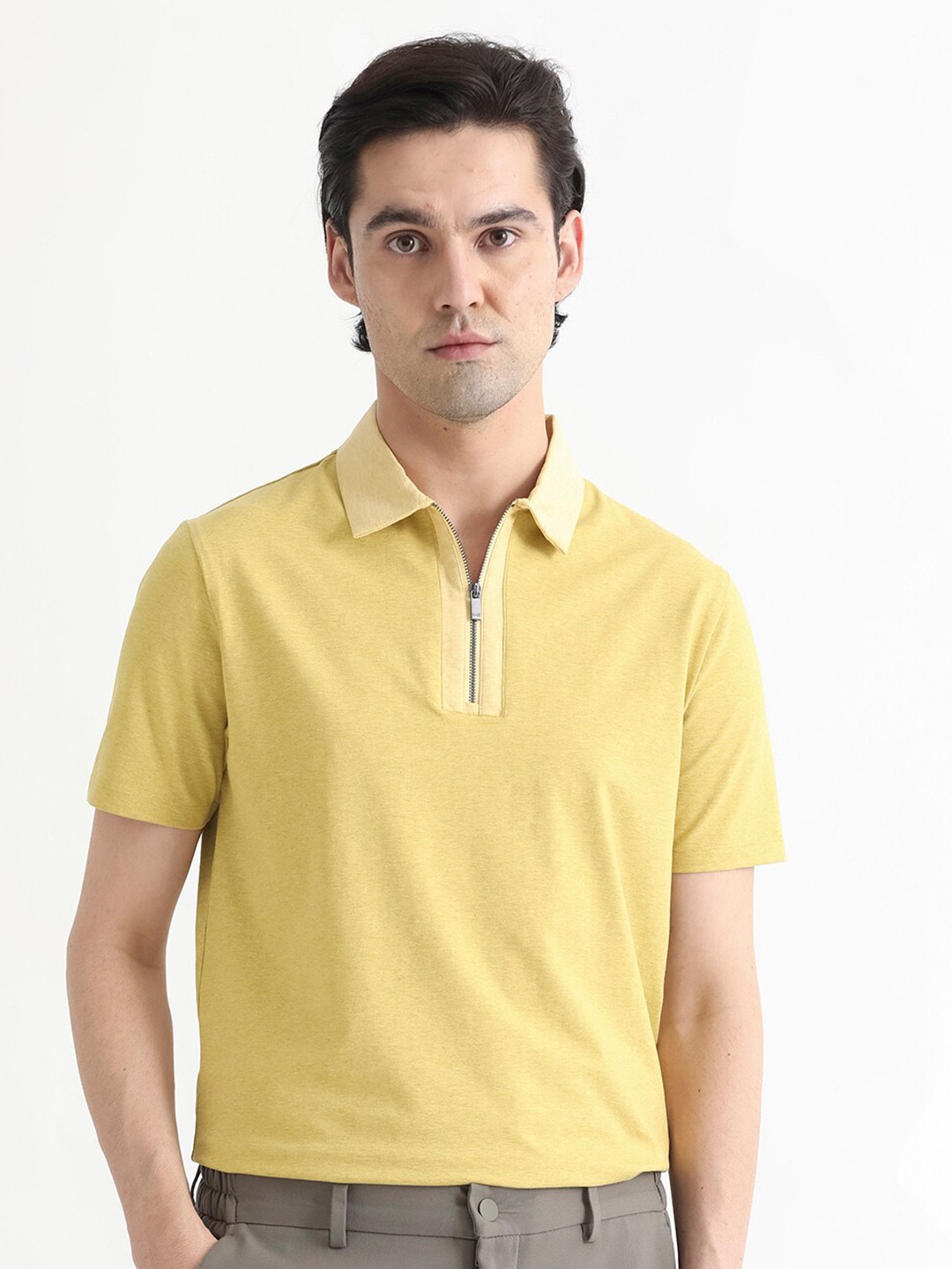 

RARE RABBIT Men Panel Polo Collar Zip Detail Cotton Slim Fit T-Shirt, Yellow