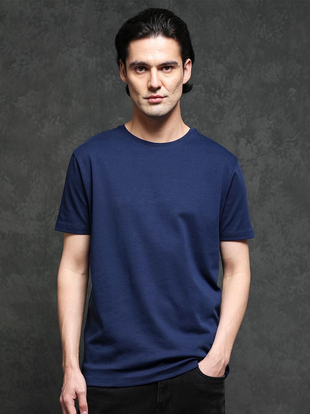 

RARE RABBIT Men Gis-1 Round Neck Cotton Slim Fit T-Shirt, Navy blue