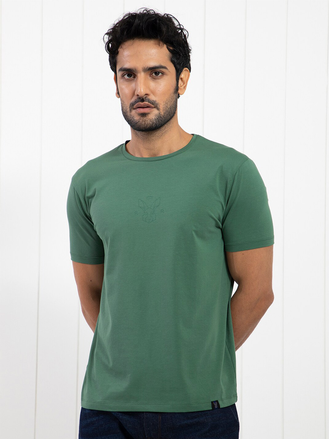 

RARE RABBIT Men Oval-1 Round Neck Slim Fit Cotton T-Shirt, Green