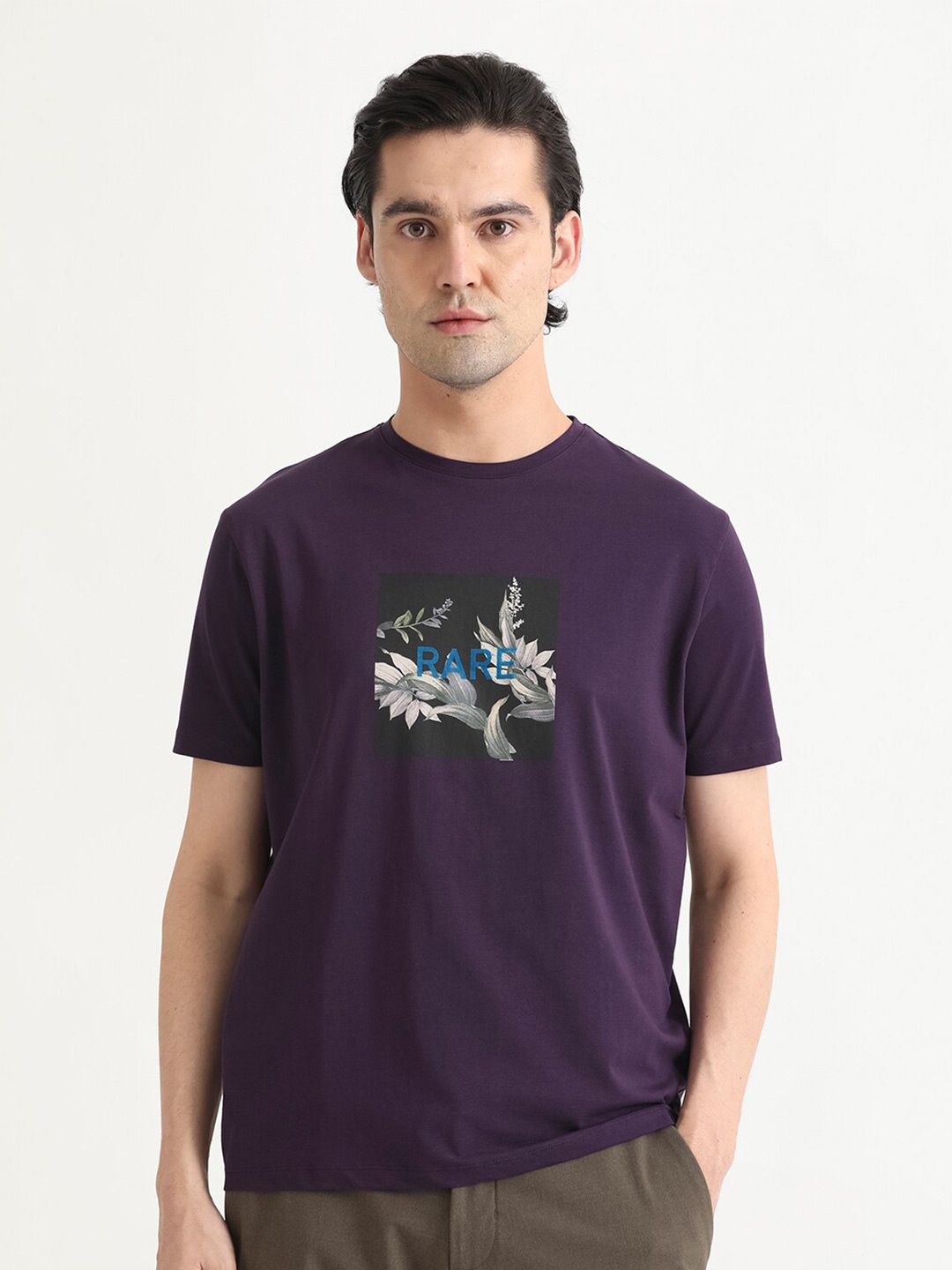 

RARE RABBIT Men Mant Graphic Printed Round Neck Cotton Slim Fit T-Shirt, Purple