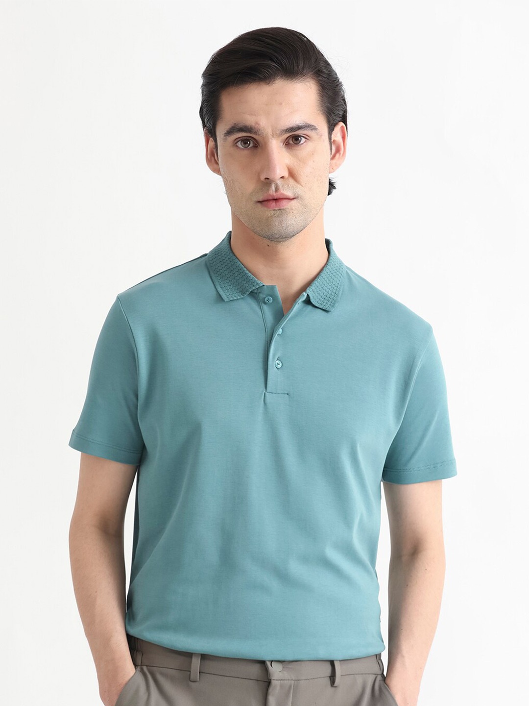 

RARE RABBIT Men Braidey Polo Collar Slim Fit Cotton T-Shirt, Teal