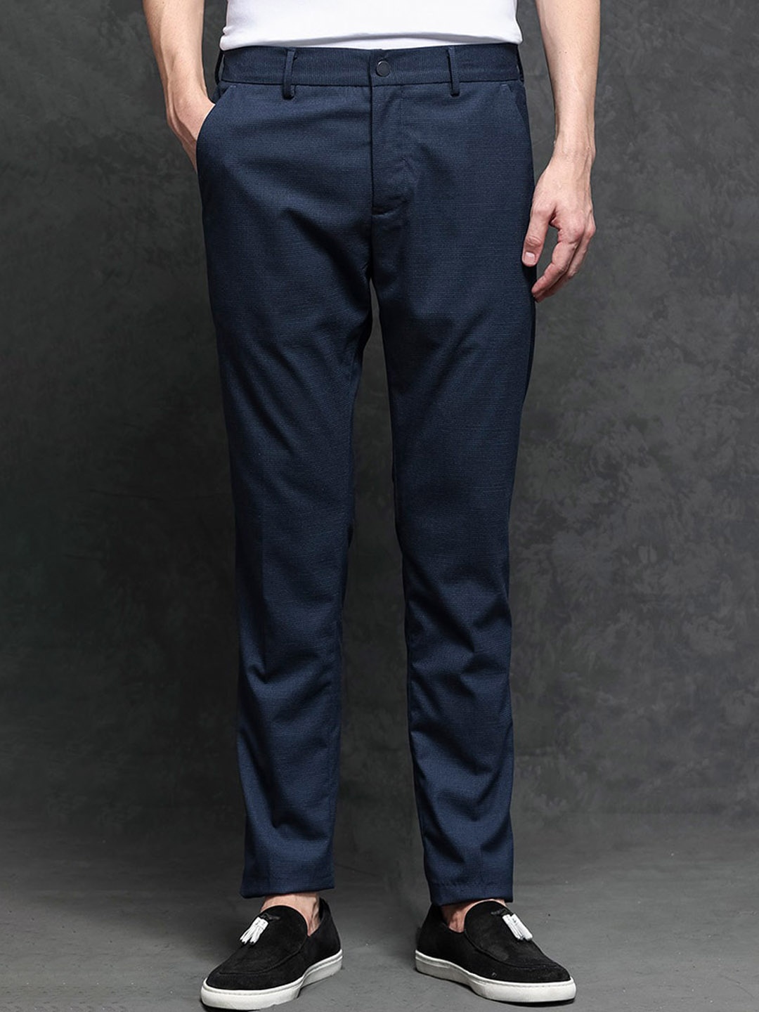 

RARE RABBIT Men Microl Mid-Rise Regular Fit Casual Trouser, Navy blue