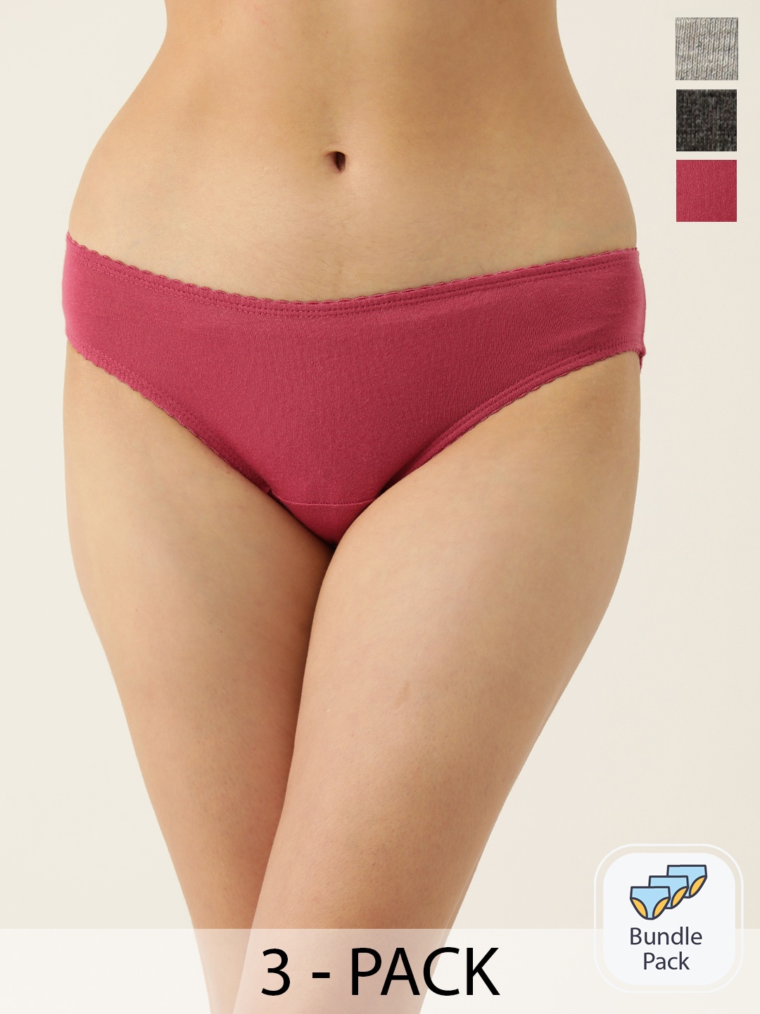 

DressBerry Women Pack of 3 Pure Cotton Solid Bikini Briefs, Pink
