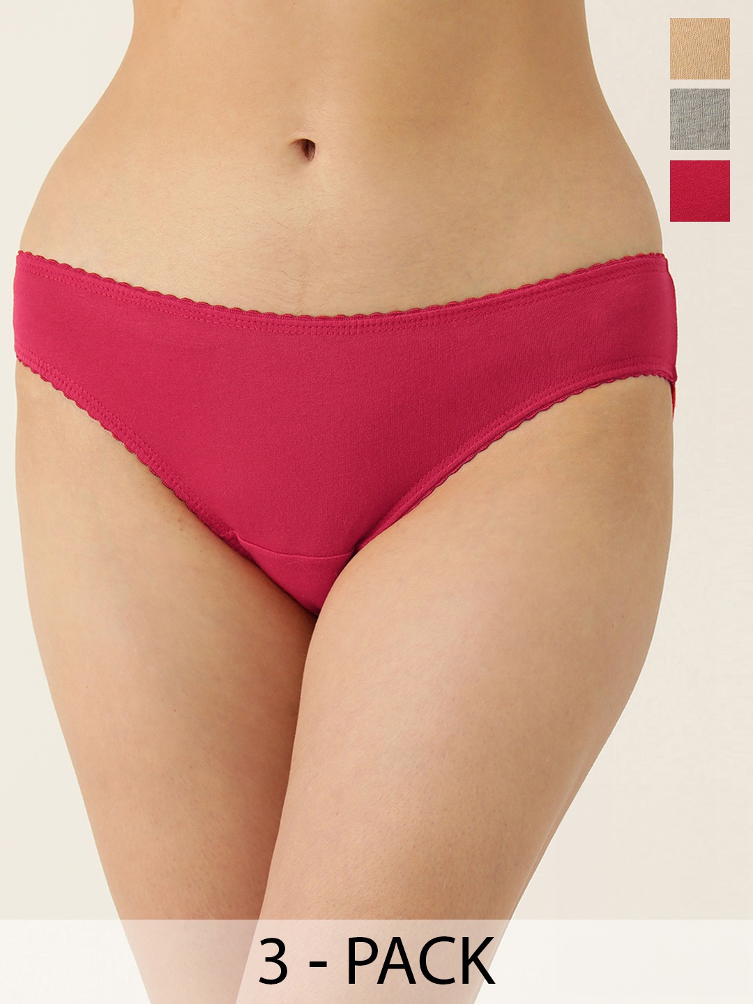 

DressBerry Women Pack of 3 Pure Cotton Solid Bikini Briefs, Red
