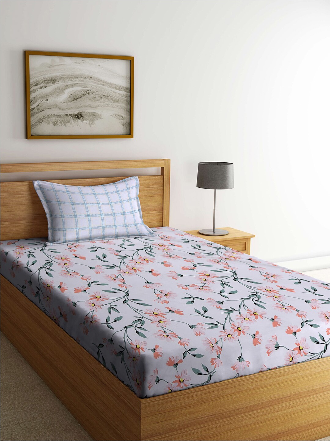 

KLOTTHE White & Orange Floral-Printed 300TC Fitted Single Bedsheet With Pillow Cover