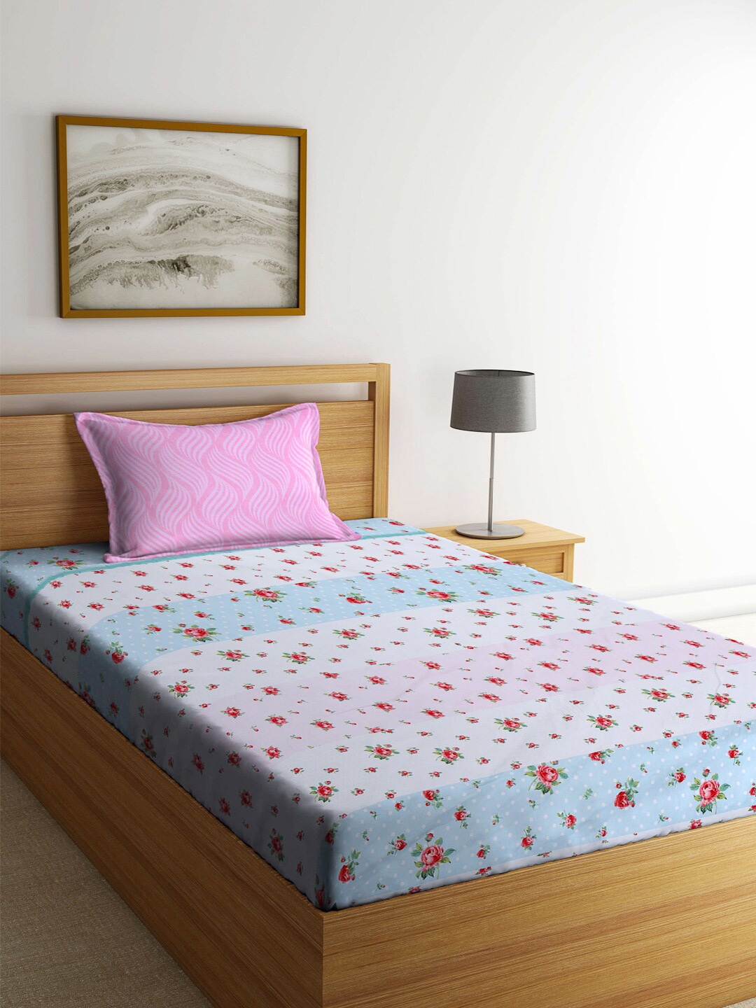 

KLOTTHE Blue & Pink Floral-Printed 300TC Fitted Single Bedsheet With Pillow Cover