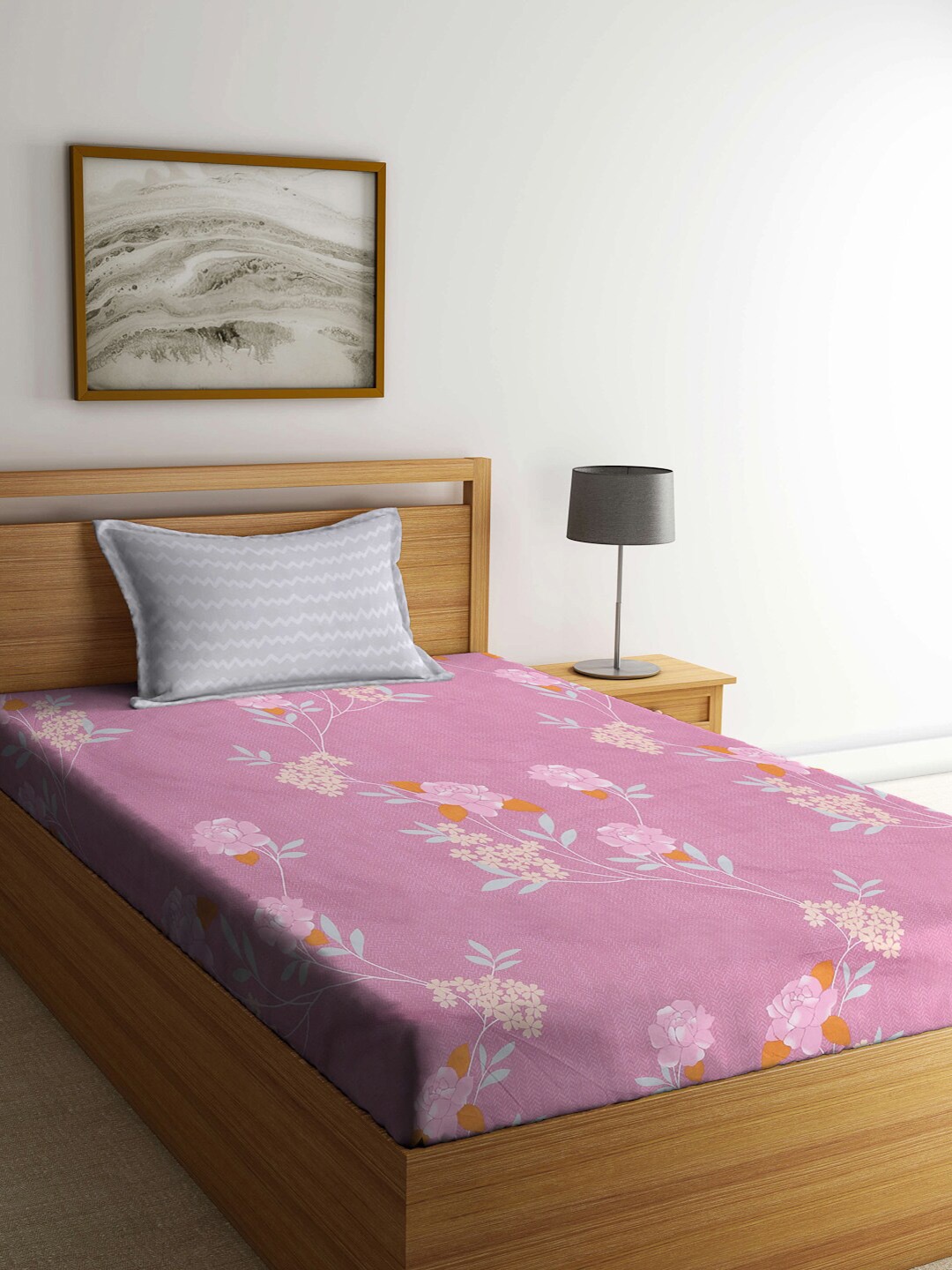 

KLOTTHE Purple & White Floral-Printed 300TC Fitted Single Bedsheet With Pillow Cover