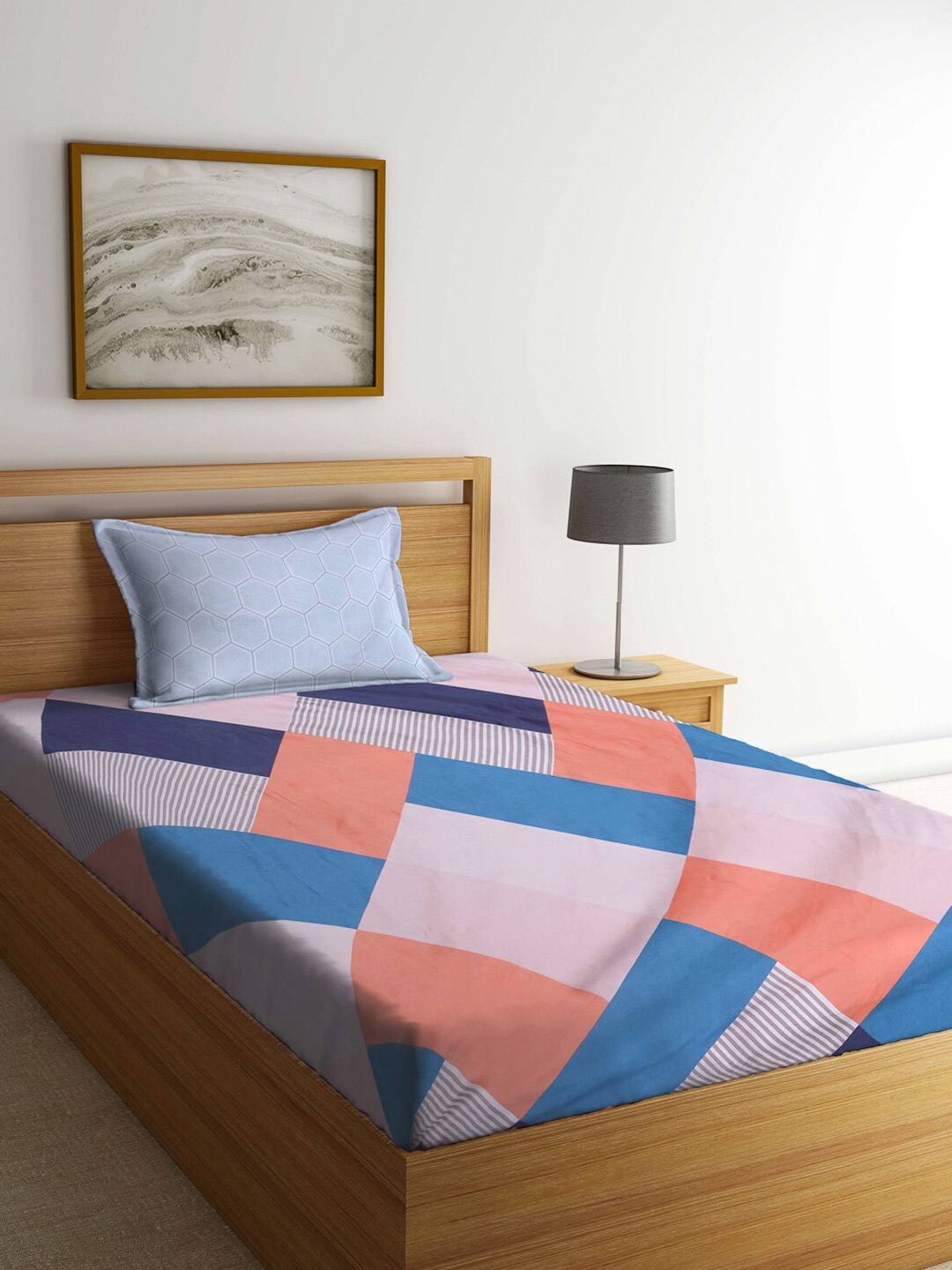 

KLOTTHE Blue & Pink Geometric-Printed 300TC Fitted Single Bedsheet With Pillow Cover