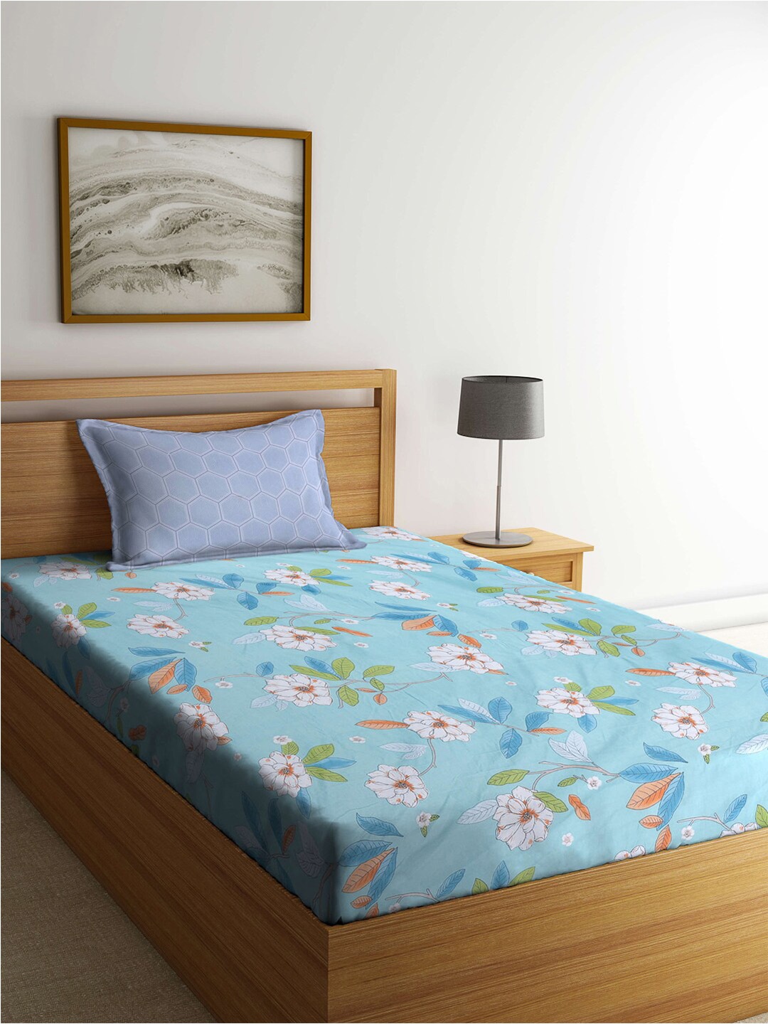 

KLOTTHE Blue & White Floral-Printed 300 TC Fitted Single Bedsheet With Pillow Cover