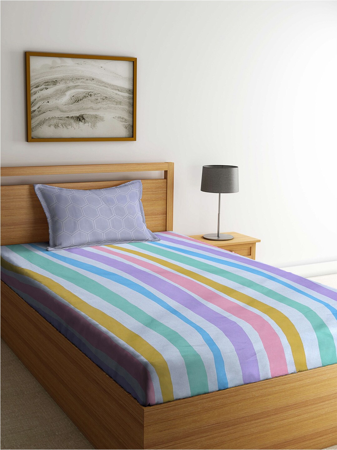 

KLOTTHE Blue & Orange Striped 300 TC Fitted Single Bedsheet With Pillow Cover