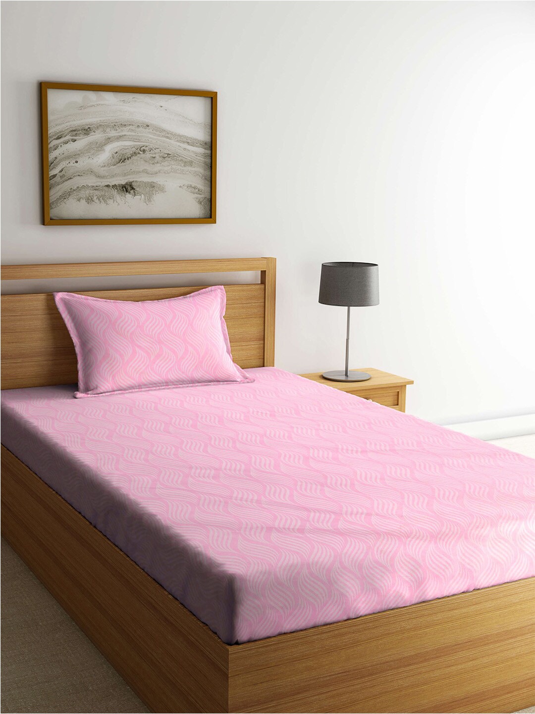 

KLOTTHE Pink Abstract-Printed 300 TC Fitted Single Bedsheet With Pillow Cover