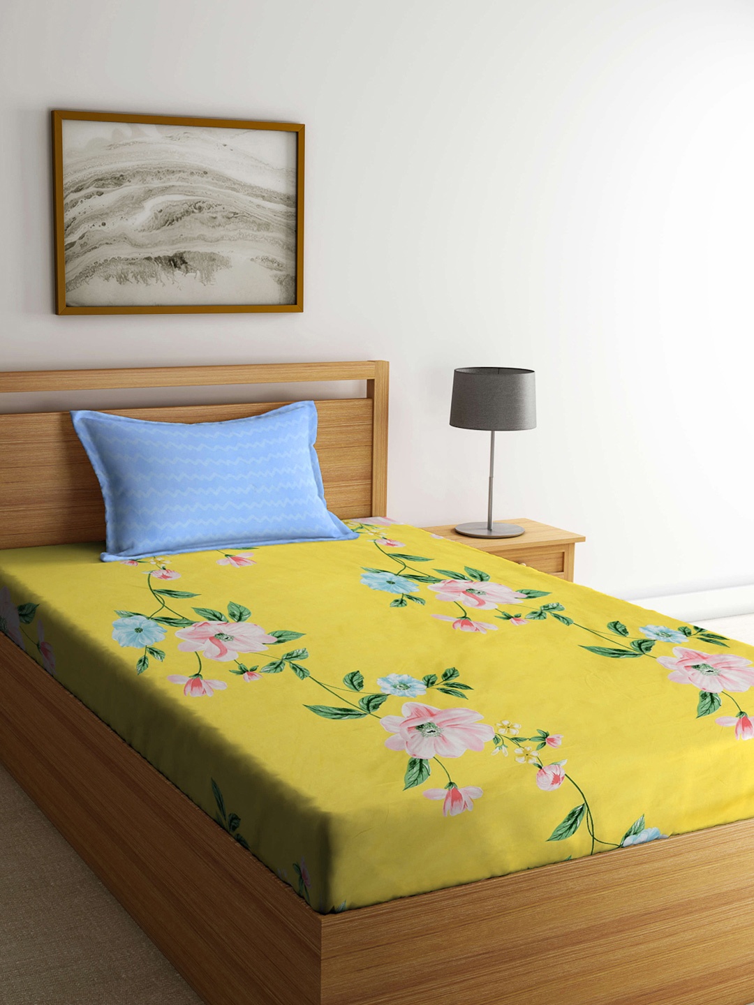 

KLOTTHE Yellow & Green Floral-Printed 300 TC Fitted Single Bedsheet With Pillow Cover