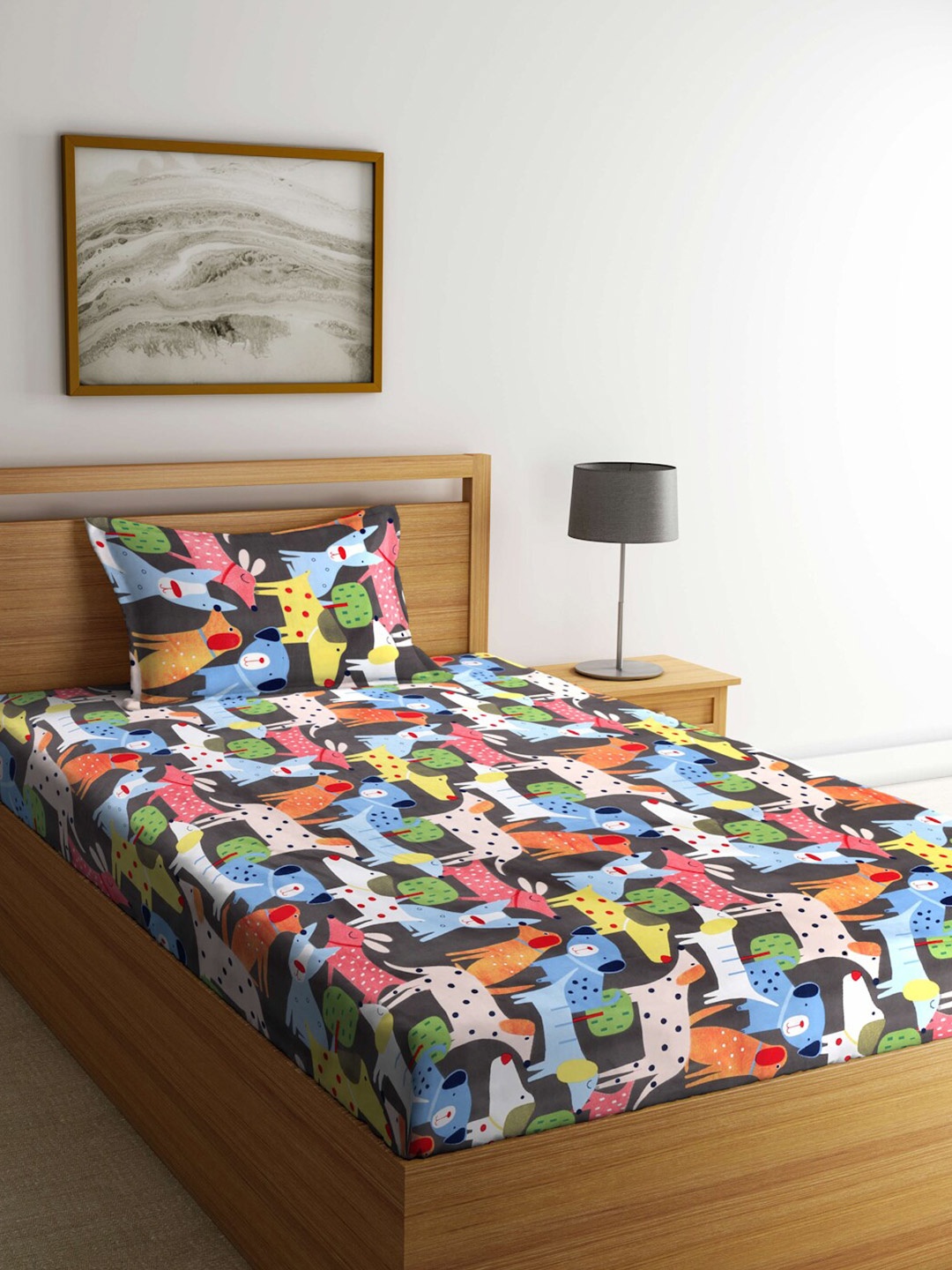 

KLOTTHE Black & Blue Printed 300 TC Fitted Single Bedsheet With Pillow Cover