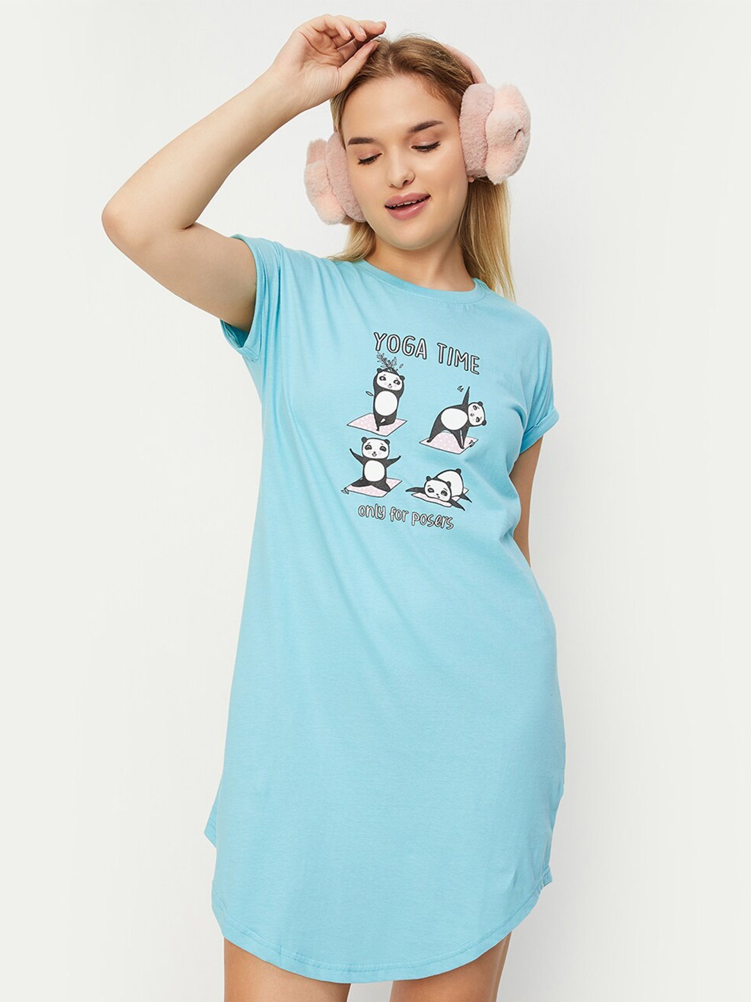 

max Graphic Printed Pure Cotton T-Shirt Nightdress, Blue