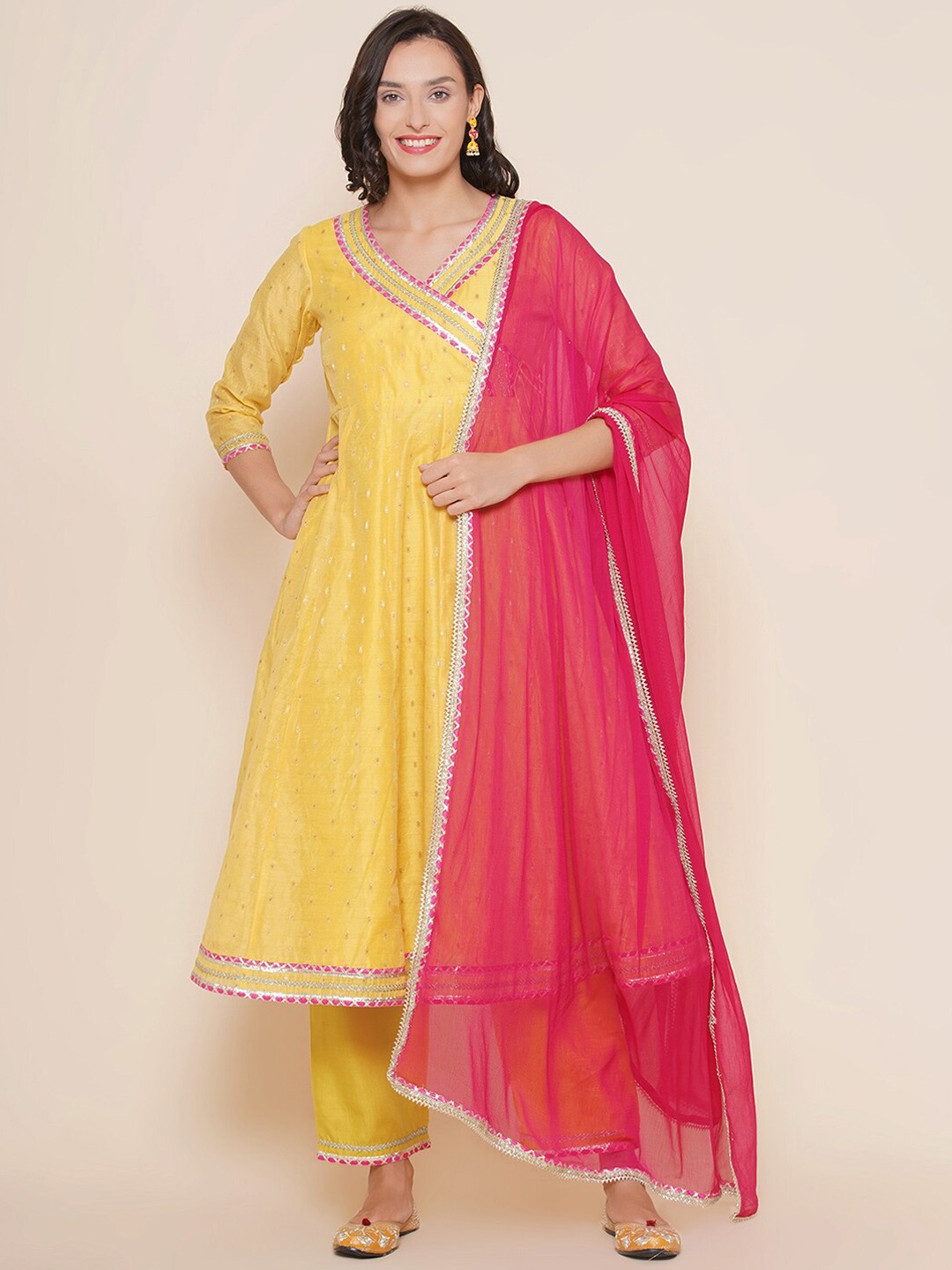 

Bhama Couture Ethnic Motifs Embroidered Angrakha Anarkali Kurta with Palazzos & Dupatta, Yellow