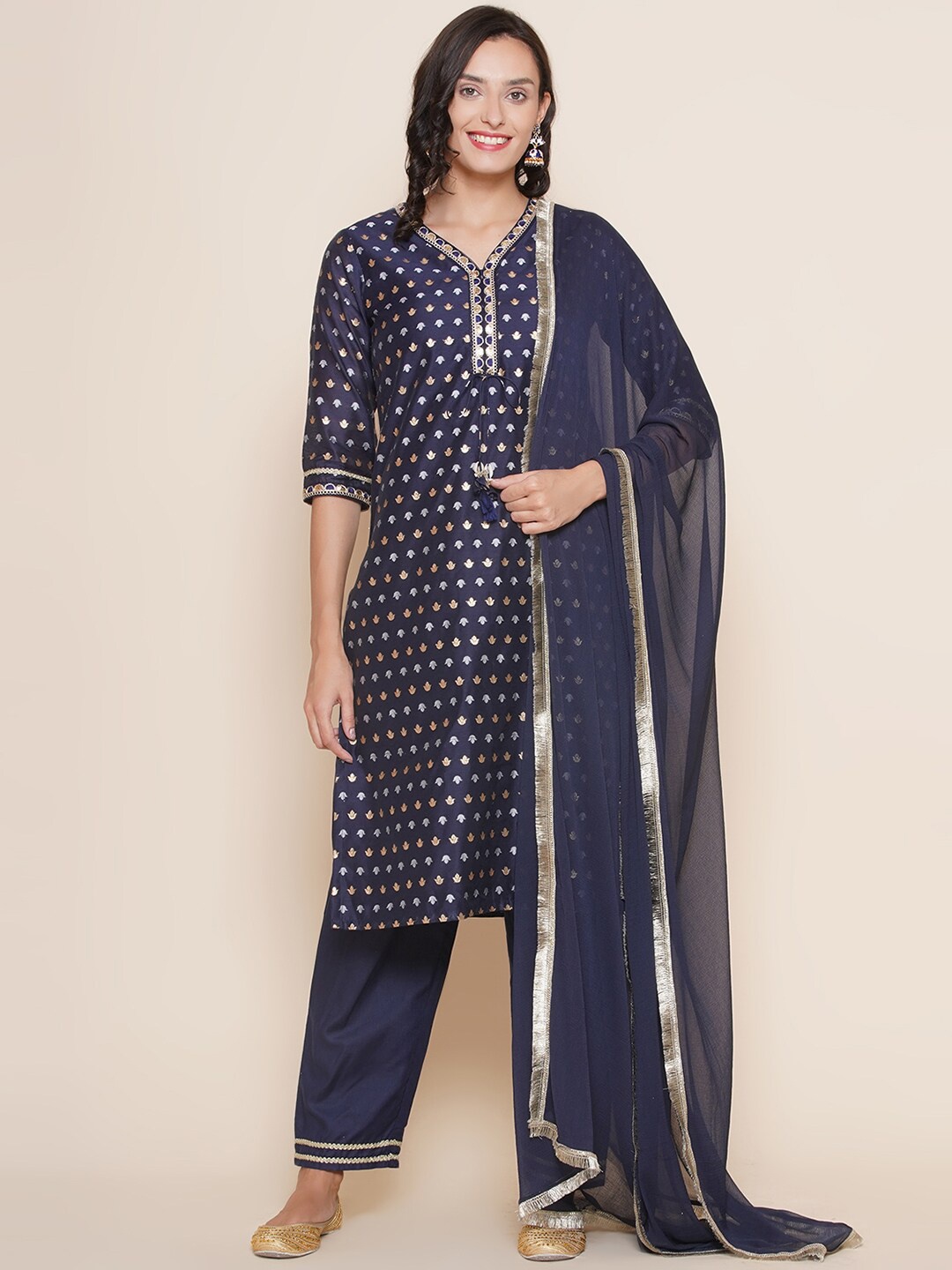 

Bhama Couture Ethnic Motifs Printed Regular Kurta with Palazzos & Dupatta, Navy blue