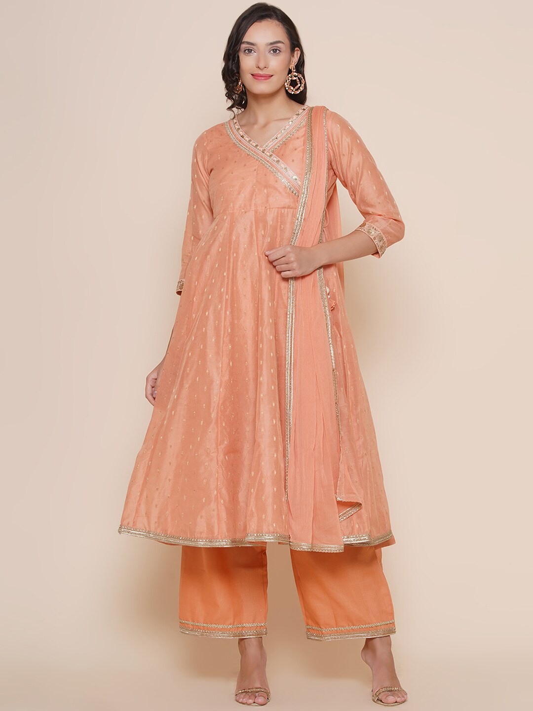 

Bhama Couture Ethnic Motifs Embroidered Angrakha Anarkali Kurta with Palazzos & Dupatta, Peach