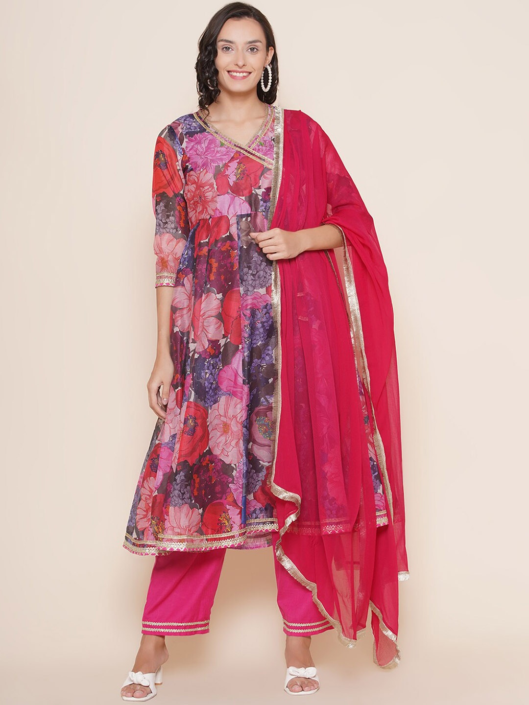 

Bhama Couture Floral Printed Angrakha Anarkali Kurta with Palazzos & Dupatta, Purple