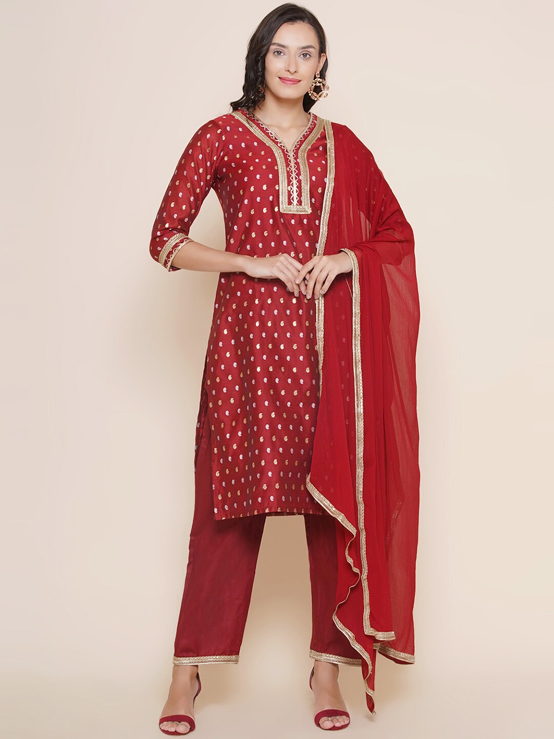 

Bhama Couture Ethnic Motifs Printed Thread Work Regular Kurta with Palazzos & Dupatta, Maroon