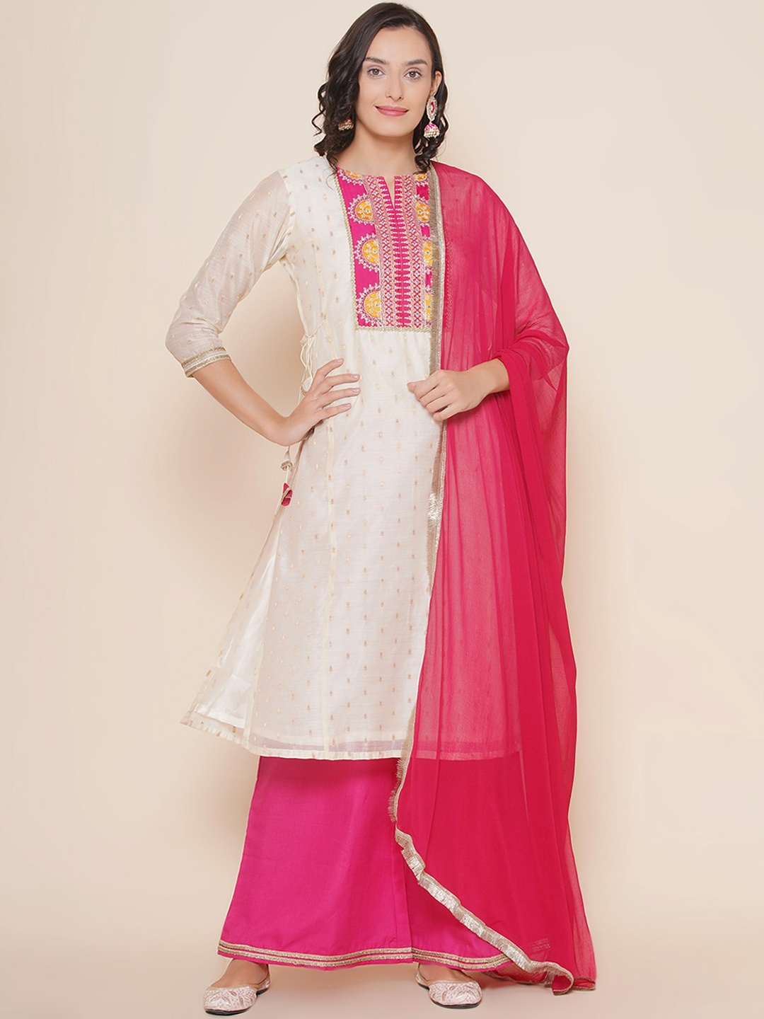 

Bhama Couture Ethnic Motifs Embroidered Regular Kurta with Palazzos & Dupatta, Off white